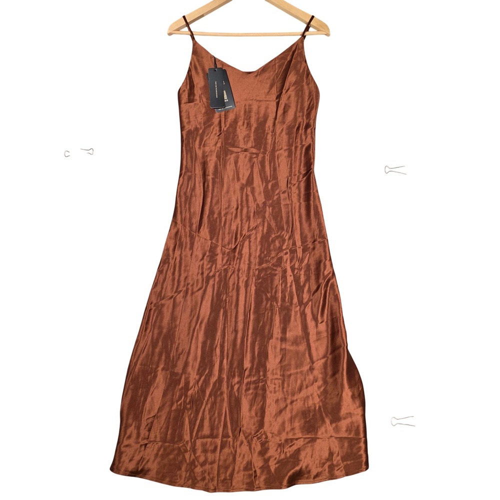 Nan Qiu Slip Midi Dress Spaghetti Strap Womens L Copper Brown NEW Cocktail Chic